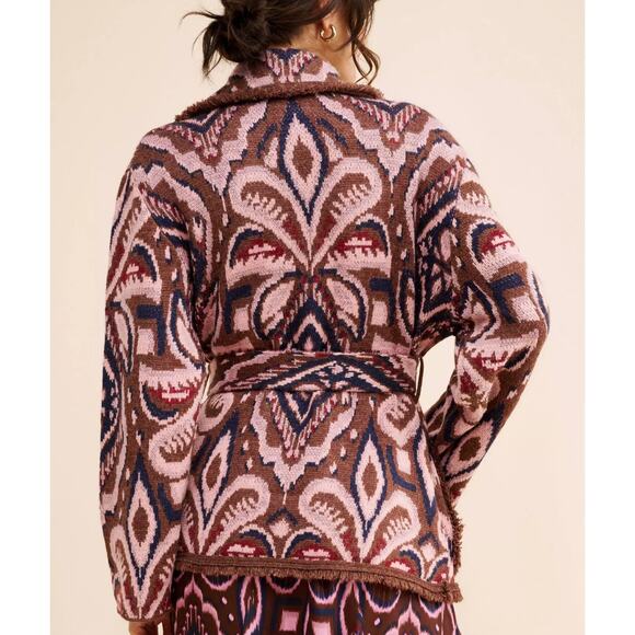 Farm Rio Ikat Pineapple Knit Blazer Cardigan Wool Blend Belt Pink Brown Sml Boho - Picture 3 of 16